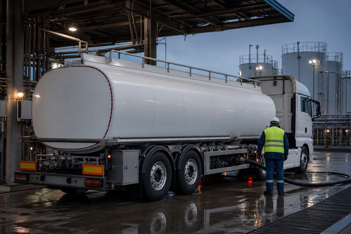 Autocisterna sotto la pensilina di un deposito petrolifero durante il carico, con l'operatore che sorveglia il collegamento